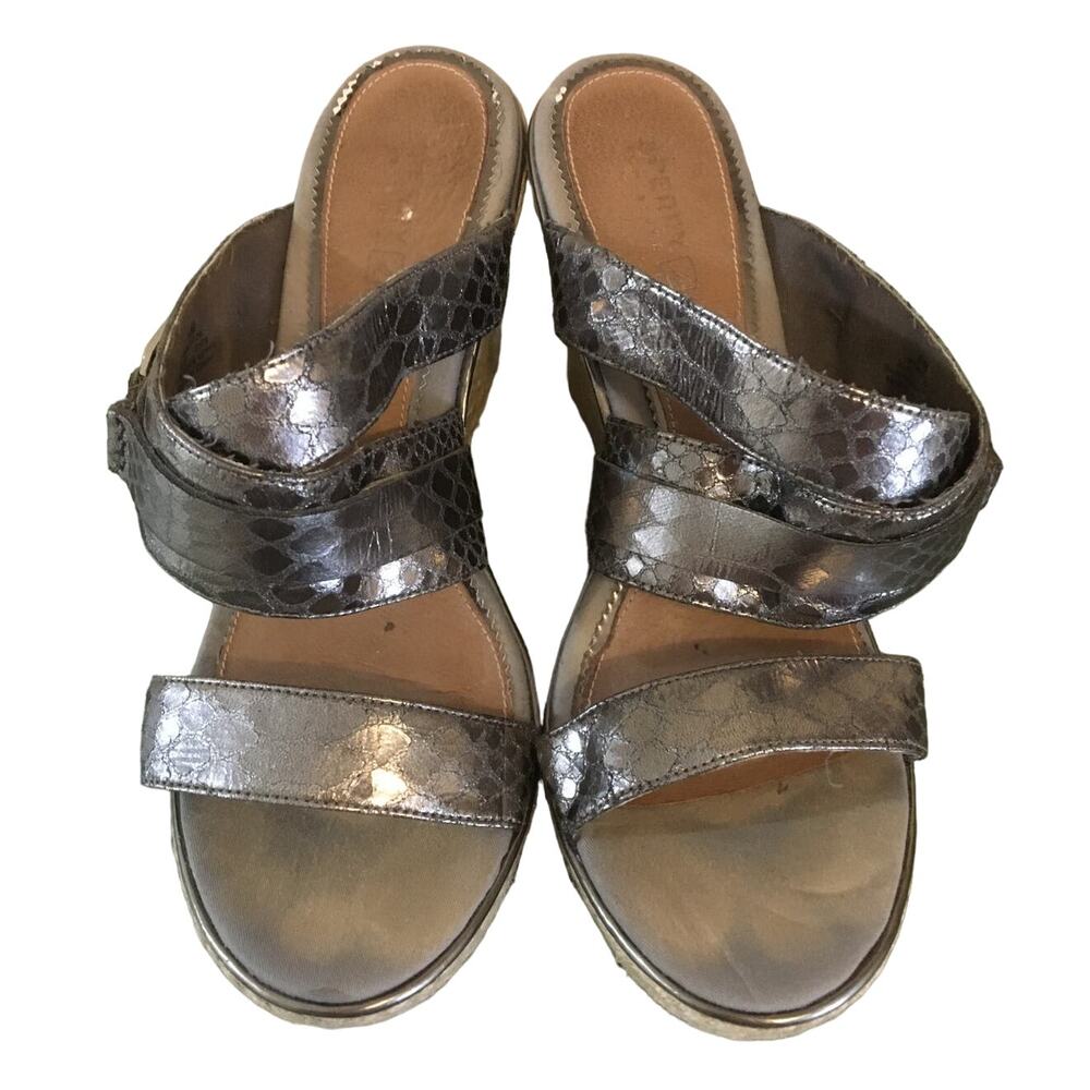 Sperry Top Sider Size 8 B 3 1/2" Rope Jute Wedge Heels Silver Snake Skin Straps